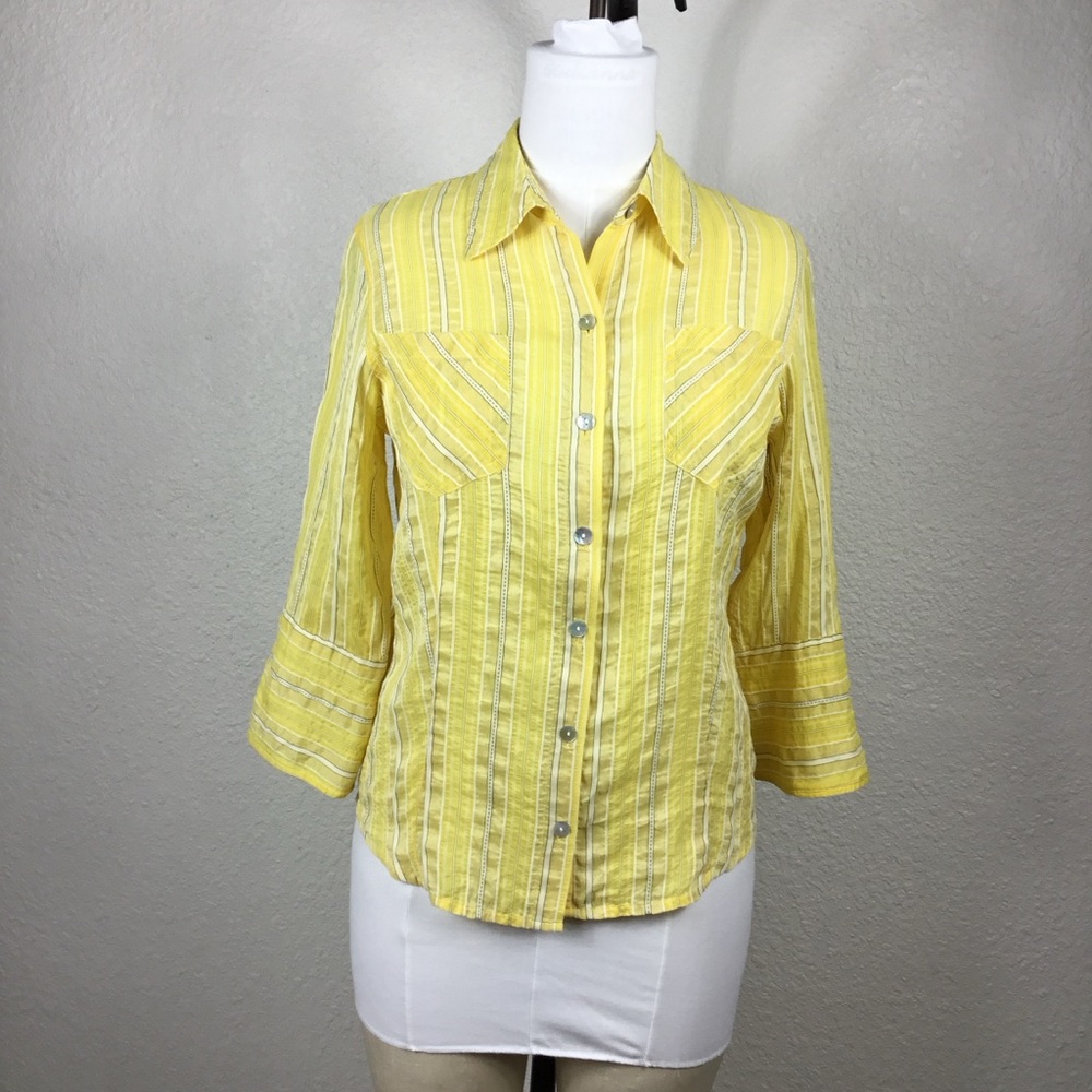 Chico's Yellow Striped Button Down Shirt Chico’s Womens Blous Silk/Linen 3/4